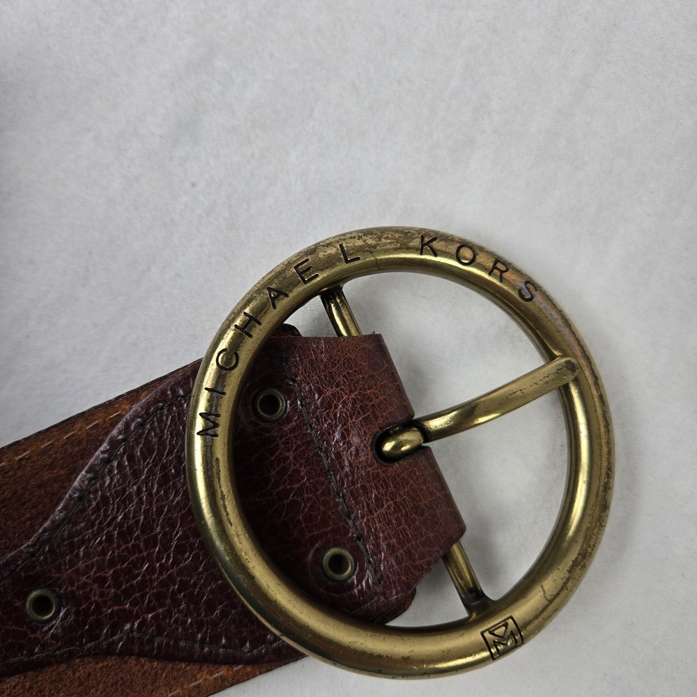 Michael Kors Brown Leather Boho Wide Waist Belt Brass Buckle Studded L Festival - Picture 3 of 6